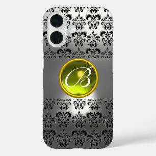 Coque Pour iPhone 16 DAMASK GEM MONOGRAM cristal blanc jaune