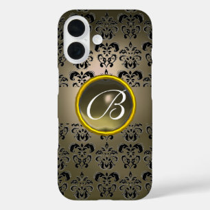 Coques iPhone 16 DAMASK GEM MONOGRAM gris noir