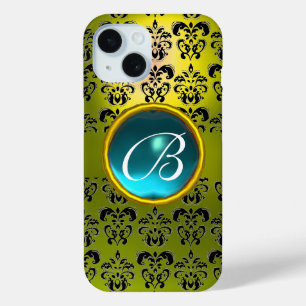 Coque Pour iPhone 15 DAMASK GEM MONOGRAM jaune bleu aquamarine
