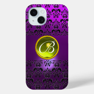 Coque Pour iPhone 15 DAMASK GEM MONOGRAM Jaune violet