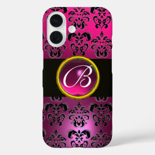 Coques iPhone 16 DAMASK GEM MONOGRAM Rose, Fuchsia Purple Amethyst