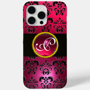 Coque iPhone 15 Pro Max DAMASK GEM MONOGRAM Rouge rose Rubis