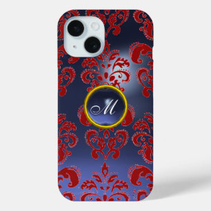Coque Pour iPhone 15 DAMASK GEM MONOGRAM rouge violet foncé