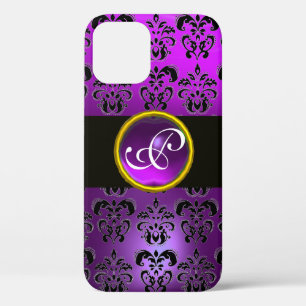 Coque iPhone 12 DAMASK GEM MONOGRAM Violet violet Améthyste