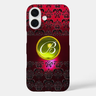 Coques iPhone 16 DAMASK GEM MONOGRAM Yellow Topaz, Ruby Rouge