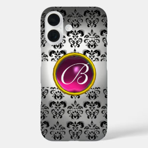 Coque Pour iPhone 16 DAMASK GEM MONOGRAS blanc noir rose