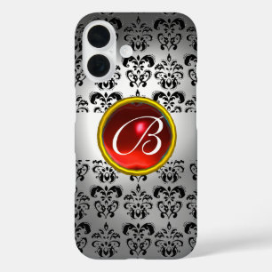 Coque Pour iPhone 16 DAMASK GEM MONOGRAS blanc noir rouge