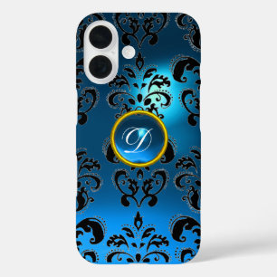 Coques iPhone 16 DAMASK GEM MONOGRAS bleu