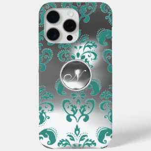 Coque iPhone 15 Pro Max DAMASK GEM MONOGRAS bleu blanc