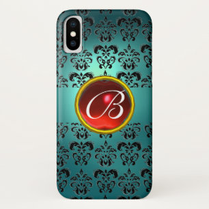 Coque iPhone X DAMASK GEM MONOGRAS bleu noir rouge