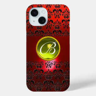 Coque Pour iPhone 15 DAMASK GEM MONOGRAS Jaune rouge