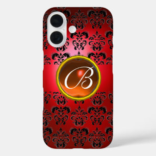 Coque Pour iPhone 16 DAMASK GEM MONOGRAS rouge noir orange