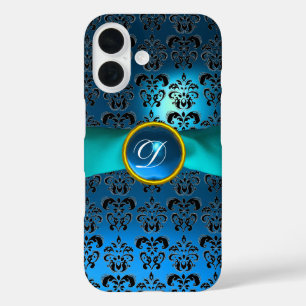 Coque Pour iPhone 16 DAMASK GIRLY MONOGRAM ruban bleu