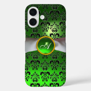 Coque Pour iPhone 16 DAMASK GIRLY MONOGRAM vert ruban blanc