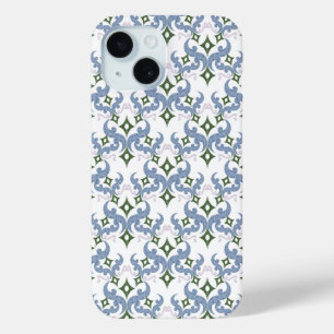 Coque Pour iPhone 15 damassé bleu et vert ornement pointillisme