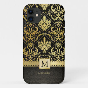 Coque Case-Mate Pour iPhone Damassé élégante de noir et d'or avec le