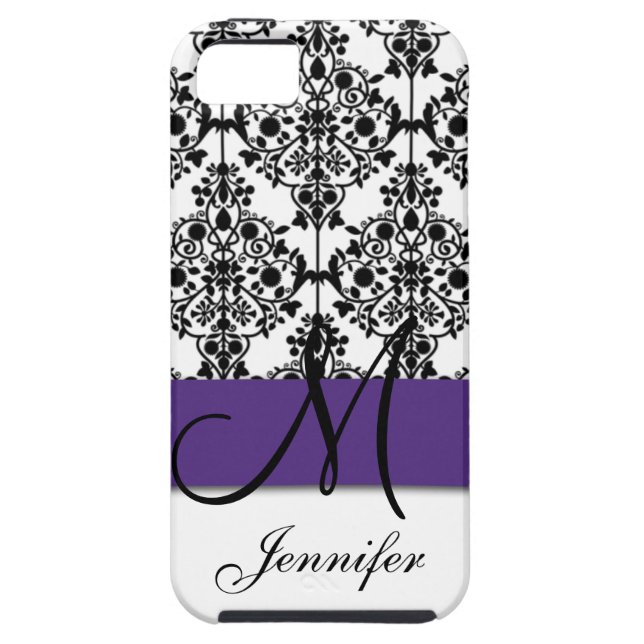 Coques Case-Mate iPhone Damassé florale blanche noire pourpre foncée de (Dos)