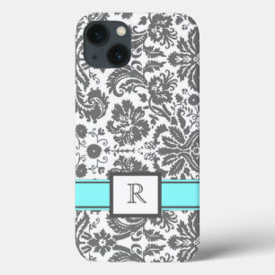 Etui iPhone 13 damassé florale d'Aqua gris fait sur commande de