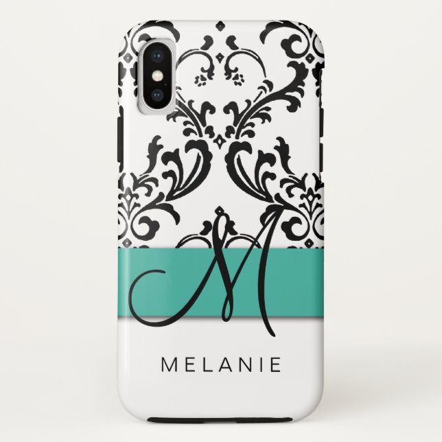 Coques Case-Mate iPhone Damassé Girly de blanc de noir de turquoise de nom (Dos)