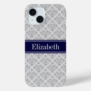 Coque Pour iPhone 15 Damassé gris sur gris #3 Monogramme bleu marine