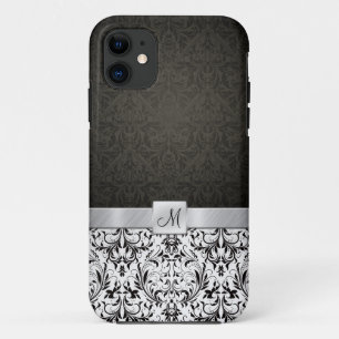 Coques Pour iPhone Damassé noire et blanche avec le monogramme