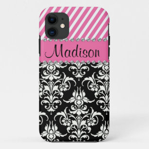 Case-Mate iPhone Case Damassé noire et blanche/caisse rose de fausse