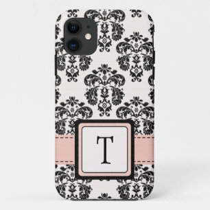 Coques Pour iPhone Damassé noire rose décorée d'un monogramme
