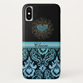 Coque iPhone X Damassé vintage d'Aqua avec la caisse