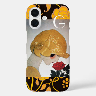 COQUE POUR iPhone 16 DAME AU MONOGRAMME DE ROSE ROUGE