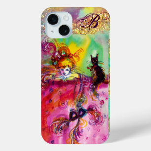 Coque iPhone 15 Mini DAME AVEC CHAT NOIR ET MASQUE Masquerade Monogramm