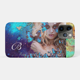 COQUE iPhone 11 PRO DAME BLEUE BOUTTERFLY, MONOGRAMME TURQUOISE OR SPA