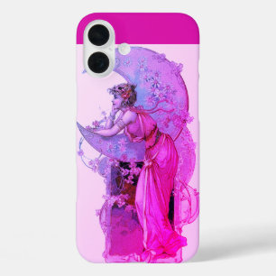 iPhone 16 PLUS CASE DAME DE LA LUNE AVEC FLEURS EN FUCHSIE ROSE