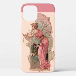 COQUE iPhone 12  DAME DE LA LUNE AVEC FLEURS EN ROSE