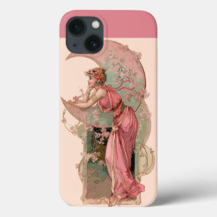 iPhone 13 CASE DAME DE LA LUNE AVEC FLEURS EN ROSE