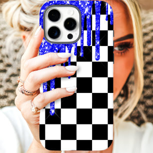 Coques iPhone 16 Pro Max Damier à Égouttement Paillettes Bleues
