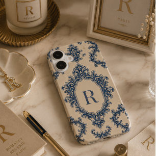 Coque Pour iPhone 16 Damier Bleu Personnalisé avec Monogramme
