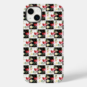 Coque Pour iPhone 14 Plus damier noir et blanc chic fleurs roses