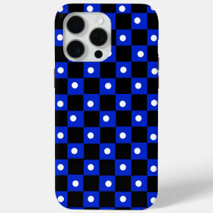 Coque iPhone 15 Pro Max Damier noir et bleu esthétique avec point rétro
