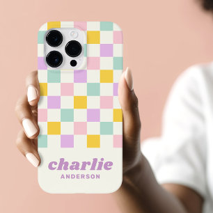 Coque Pour iPhone 14 Pro damier rose jaune violet bleu