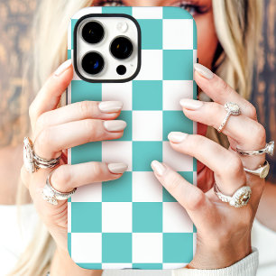 Coques iPhone 16 Pro Max Damier sarcelle et blanc