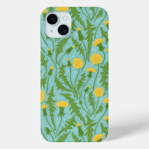 Coque iPhone 15 Mini Dandelions, vert, jaune et bleu