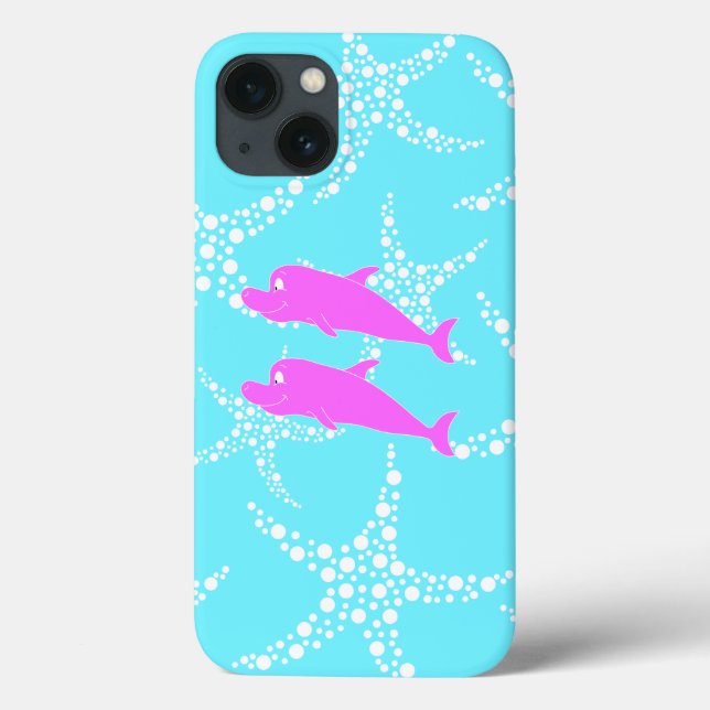 Coques Case-Mate iPhone Dauphins roses sur Motif bleu turquoise (Verso)