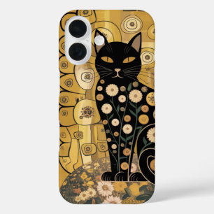 Coque Pour iPhone 16 Décor doré Gustav Klimt Style Chat Noir Art