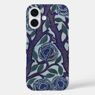 Coque Pour iPhone 16 Décor floral de rose Art déco bleu royal et or