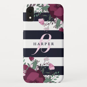 Coque Pour iPhone XR Décoré d'un monogramme rayé des roses   de rose et