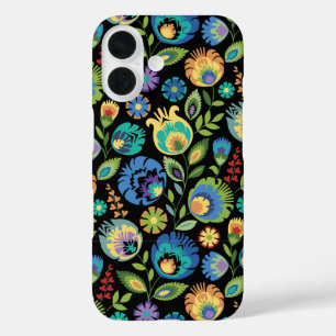 Coque Pour iPhone 16 Découpe florale polonaise Wycinanki sur fond noir
