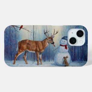 Coque Pour iPhone 15 Deer et Happy Snowman hiver de vacances scène