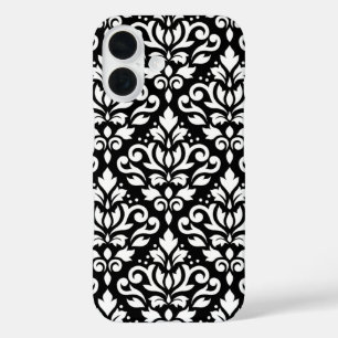 Coque Pour iPhone 16 Défiler Damask blanc sur noir Grand Motif