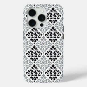 Coque iPhone 15 Pro Défiler Damask Grand Motif noir gris blanc
