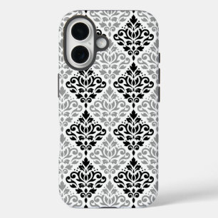 Coque Pour iPhone 16 Défiler Damask Grand Motif noir gris blanc
